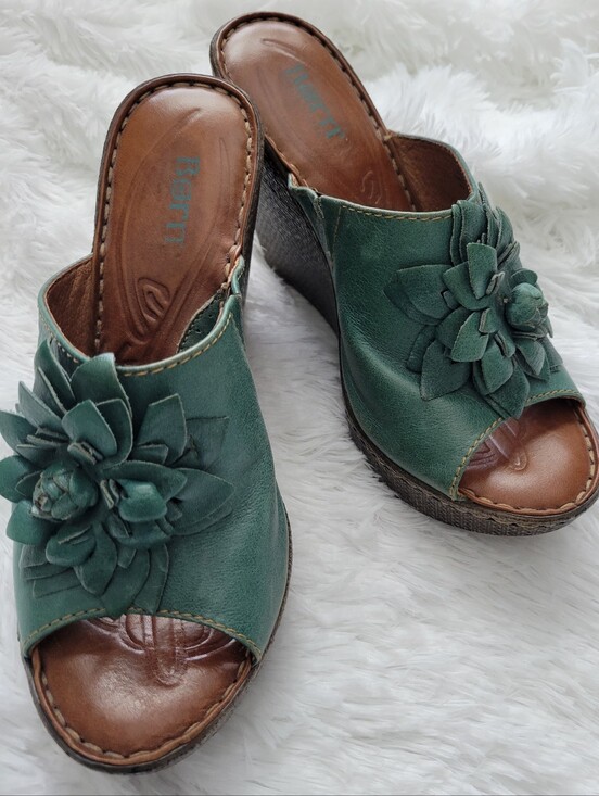Born Shoes - Born, Size 8, Wedge Sandals, Teal, Leather
